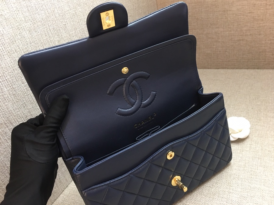 Medium Classic Flap Lambskin Bag AO1112 Dark Blue/Gold